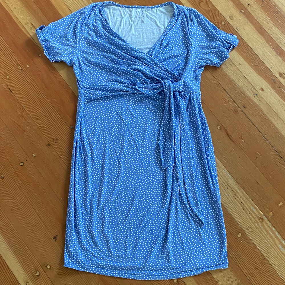 Seraphine Short Sleeve Wrap Front Blue Polka Dot Stretch Knit Maternity Dress 12